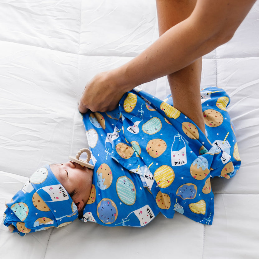 Blue Cookies & Milk Swaddle + Hat Set Little Sleepies