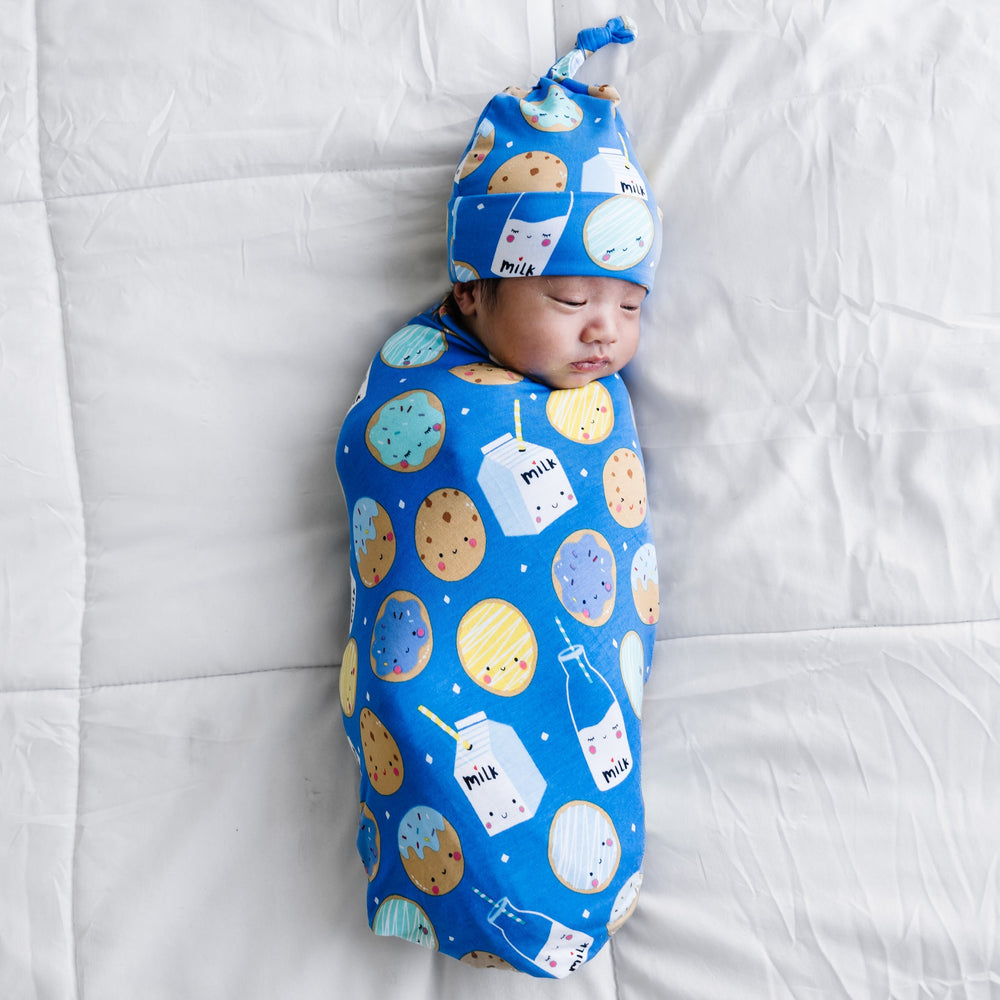 Click to see full screen - SS/H - Blue Cookies & Milk Bamboo Viscose Swaddle + Hat Set