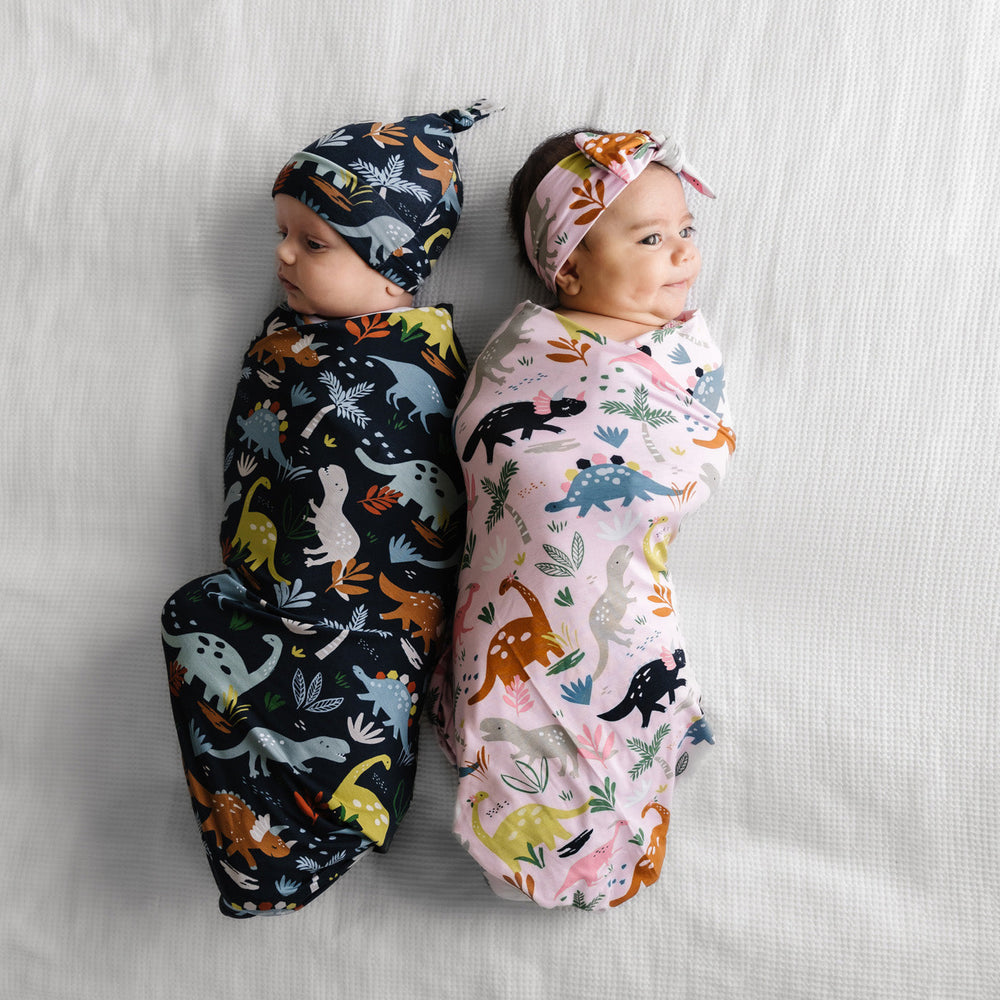 Click to see full screen - SS/H - Navy Jurassic Jungle Bamboo Viscose Swaddle + Hat Set