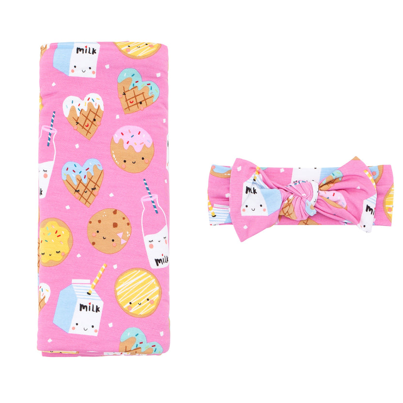 Pink Cookies & Milk Swaddle + Headband Set Little Sleepies