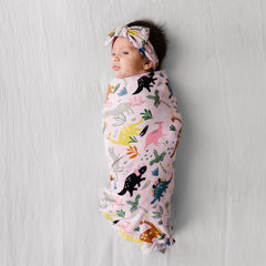 SS/HB - Pink Jurassic Jungle Bamboo Viscose Swaddle + Headband Set