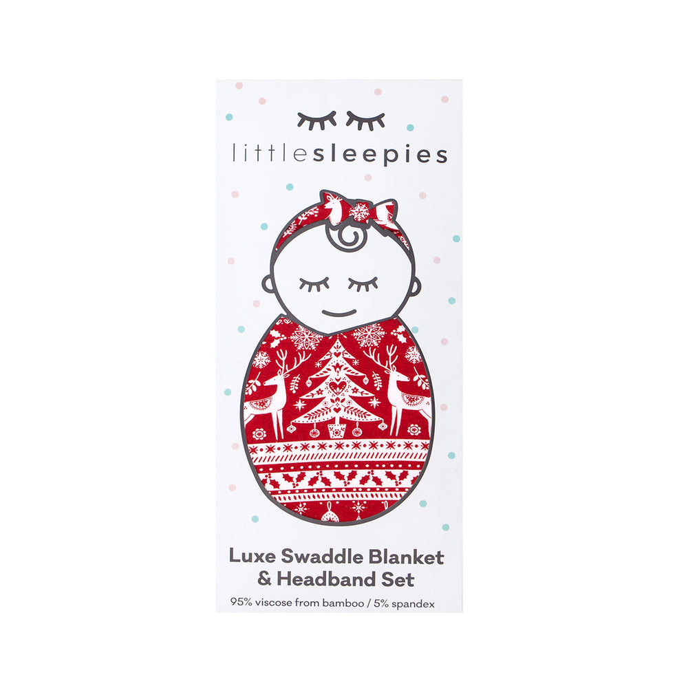Reindeer Cheer swaddle and headband set in Little Sleepies peek a boo packaging