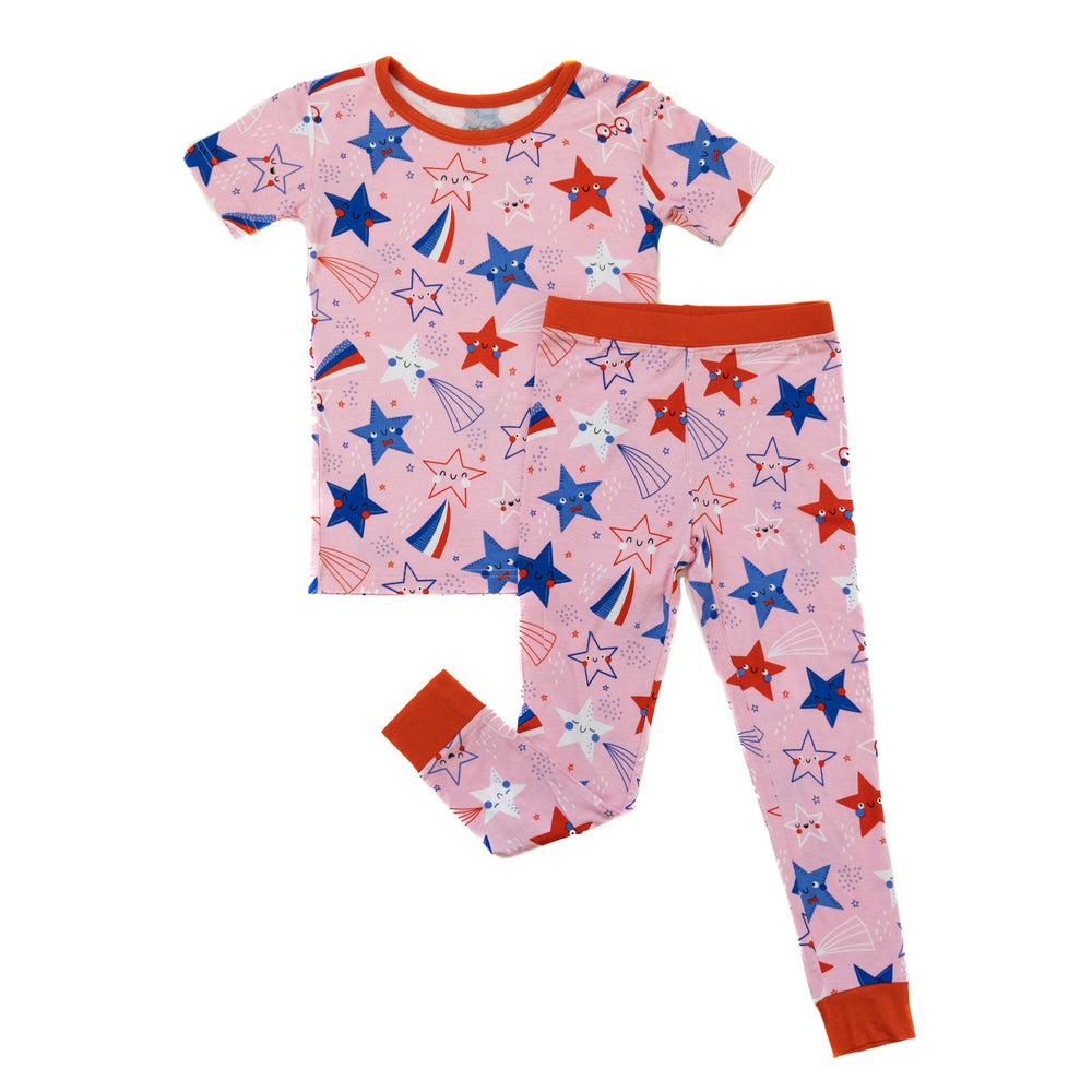 Flat lay image of a Pink Stars and Stripes printed short sleeve two piece pajama set