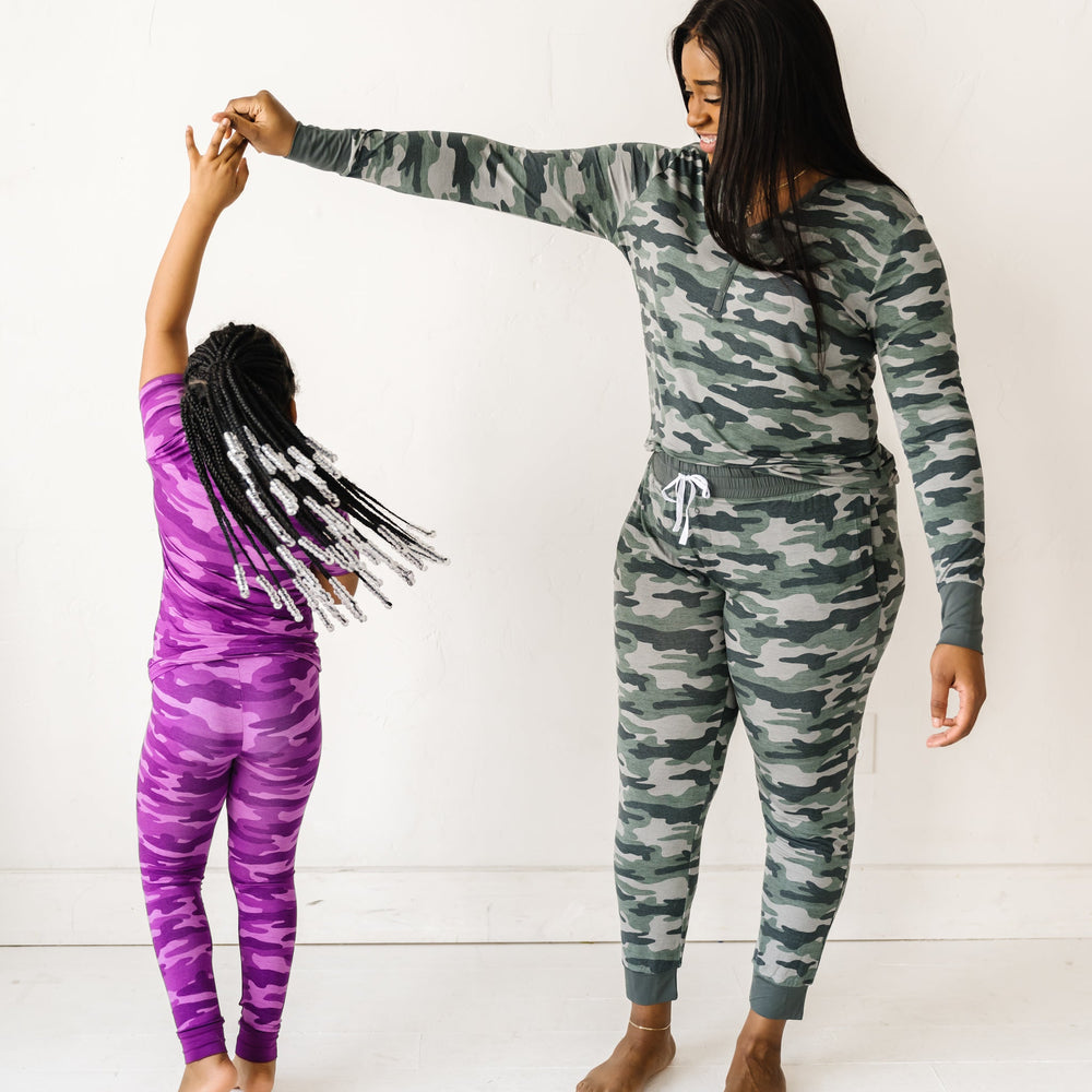 Family coordinating in children's berry camo and women's vintage camo