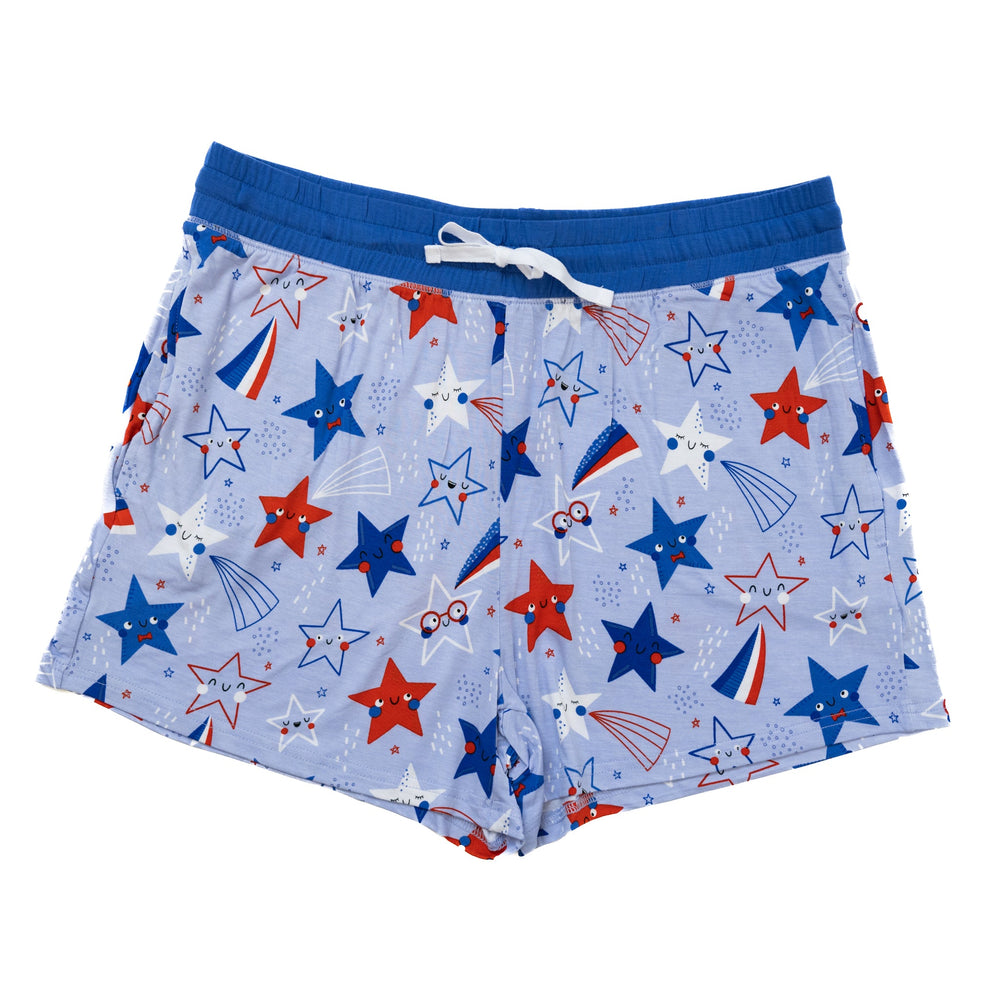 Flat lay image of women's Blue Stars and Stripes printed pajama shorts