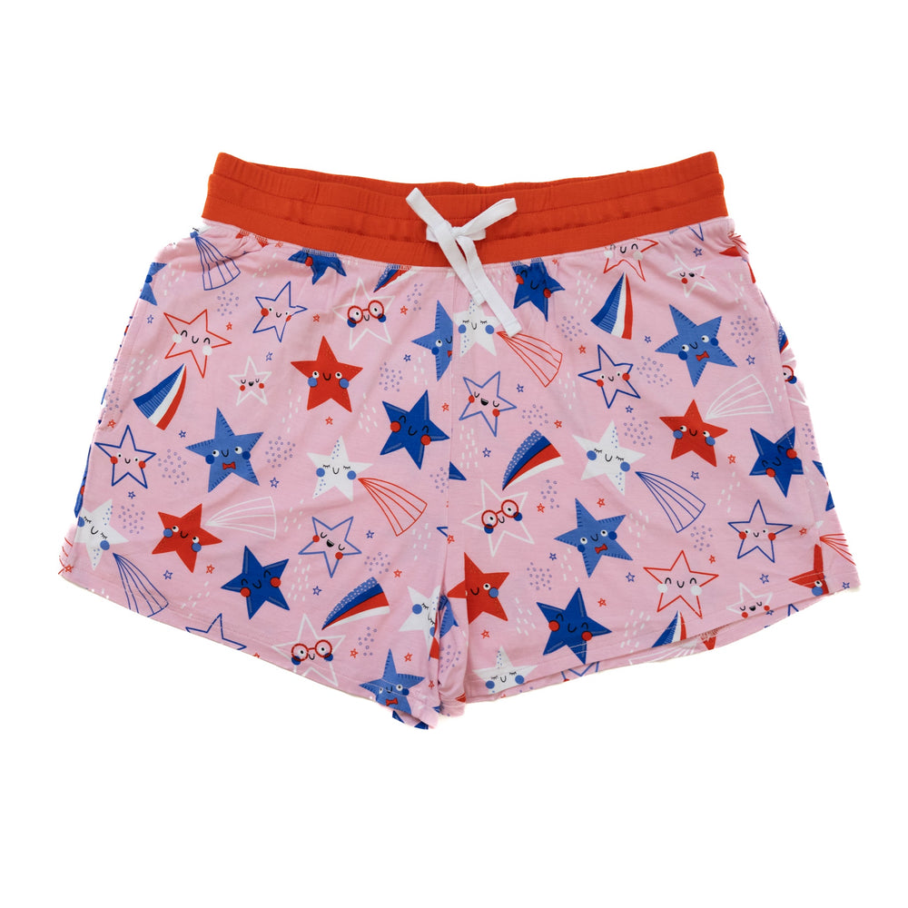 Flat lay image of Pink Stars and Stripes printed women's pajama shorts