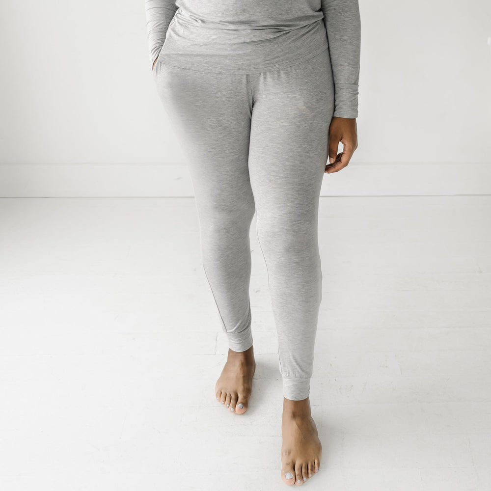 Woman posing wearing women's Heather Gray pajama pants 