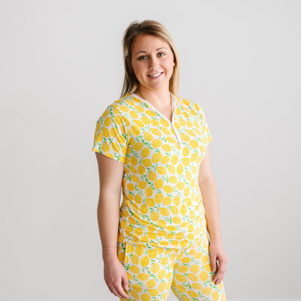 Woman wearing Lemons printed short sleeve pajama top