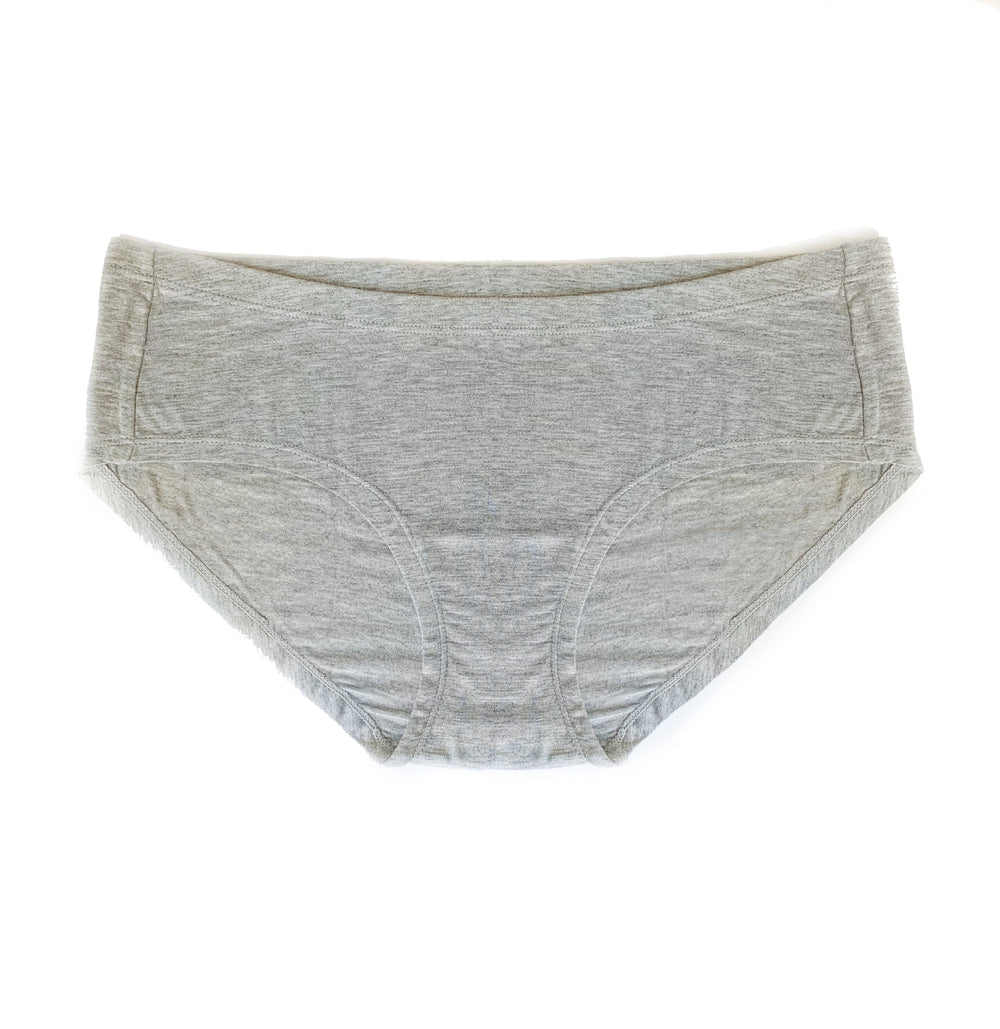 Flat lay image of women's brief underwear in heather gray