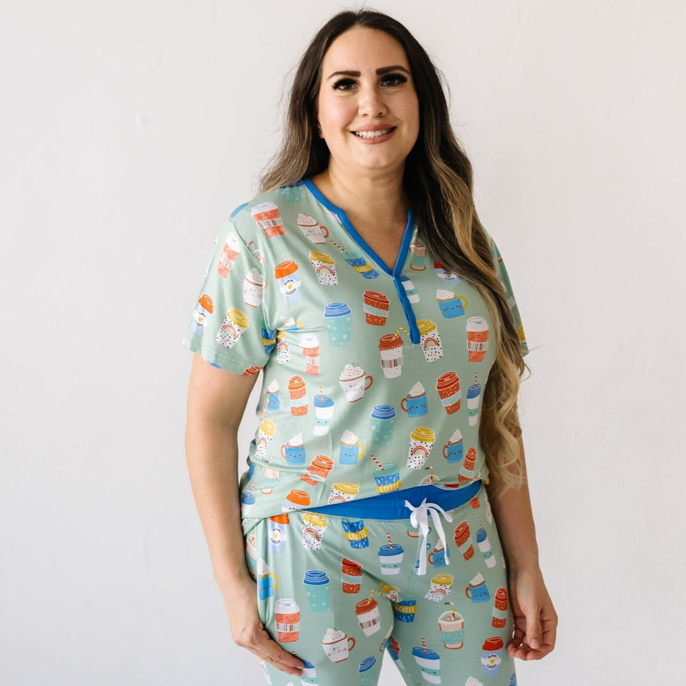 Click to see full screen - Woman in Aqua I Love You A Latte Women's Short Sleeve Bamboo Viscose Pajama Top and pants