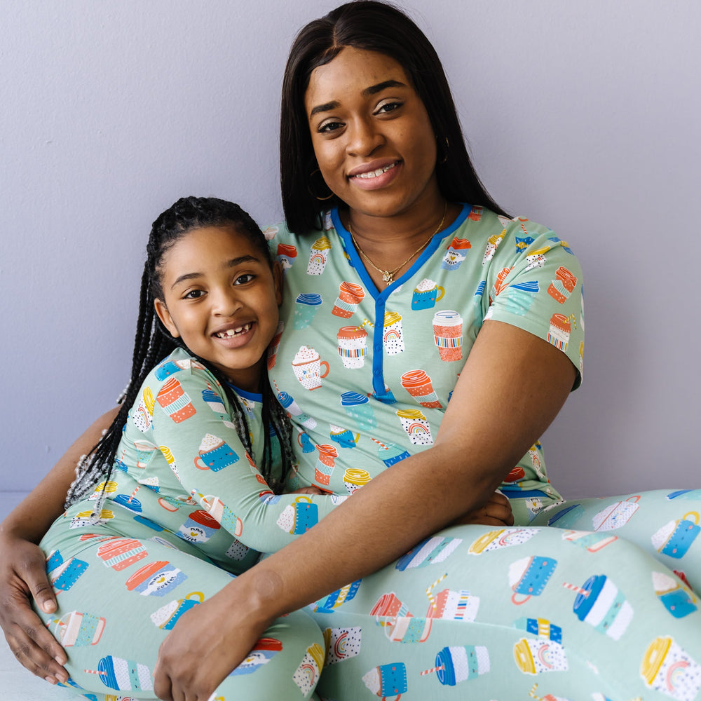Click to see full screen - Mommy and Me family matching pajamas in women's short sleeve and pants pajamas and children's Aqua I Love You A Latte Two-Piece Bamboo Viscose Pajama Set