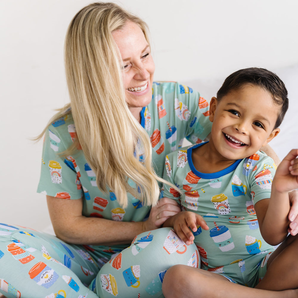 Mommy and me family matching pajamas in women's Aqua I Love You a Latte short sleeve top and pants with children's Aqua I Love You A Latte Two-Piece Short Sleeve & Shorts Bamboo Viscose Pajama Set