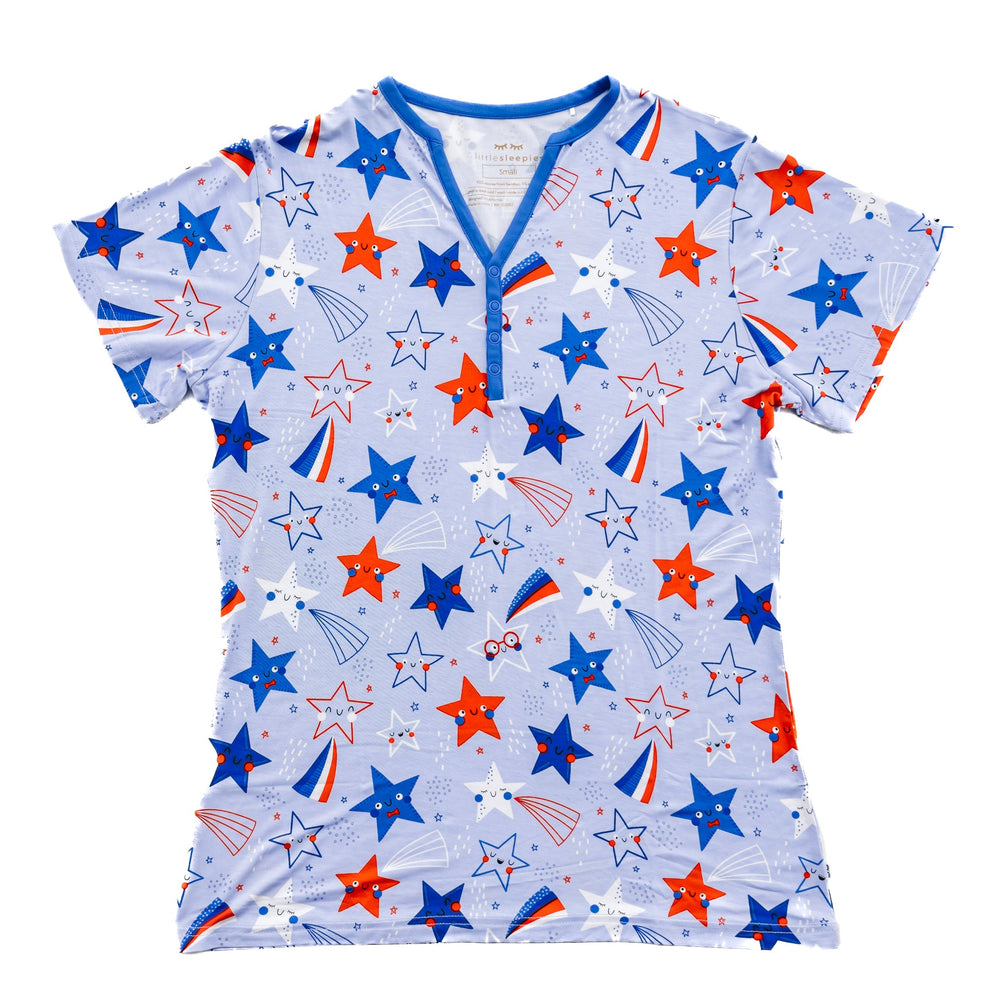 Flat lay image of women's Blue Stars and Stripes printed women's pajama top