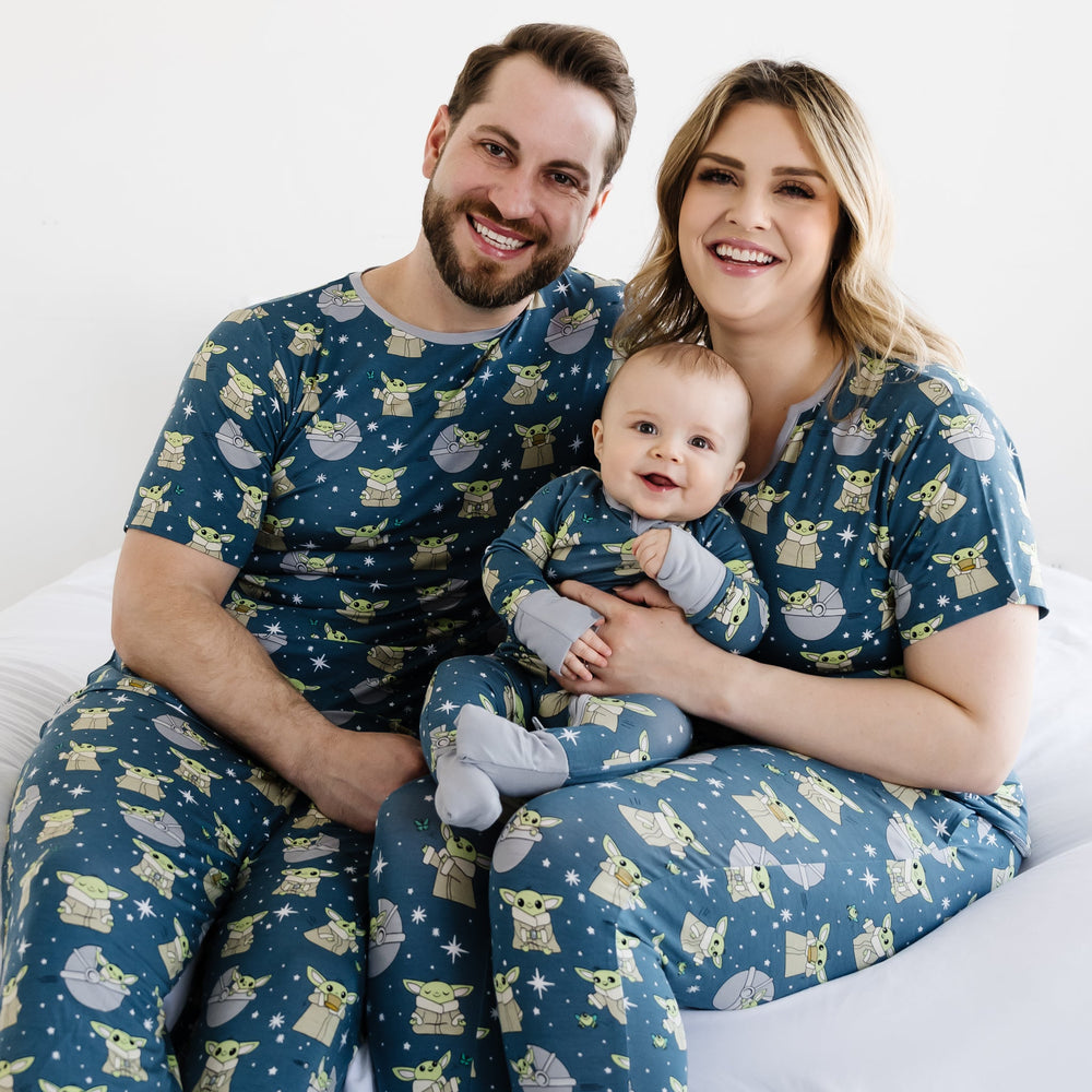 Star Wars™ Grogu family matching pajamas in men's, short sleeve pajama top and pants women's short sleeve pajama top and  and toddler baby long sleeve zippy romper pajamas.
