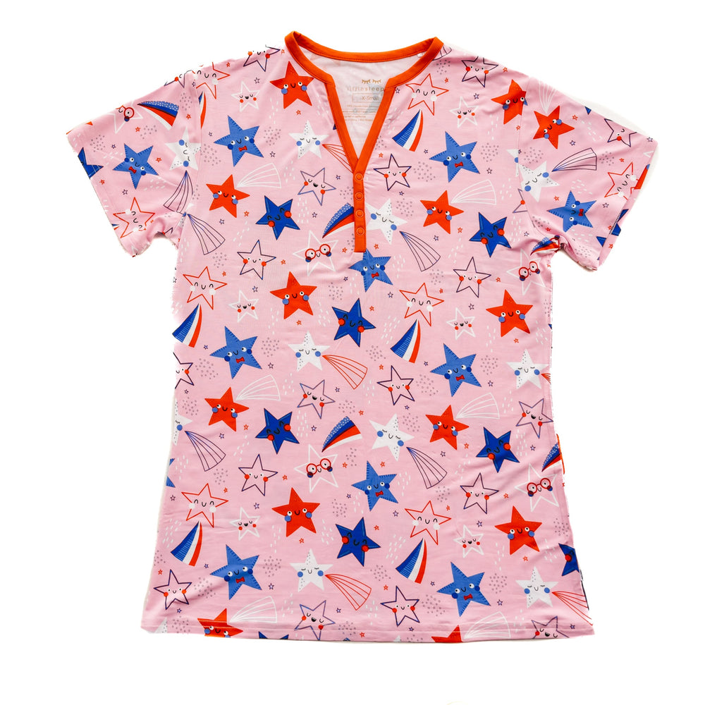 Flat lay image of Pink Stars and Stripes women's printed pajama top