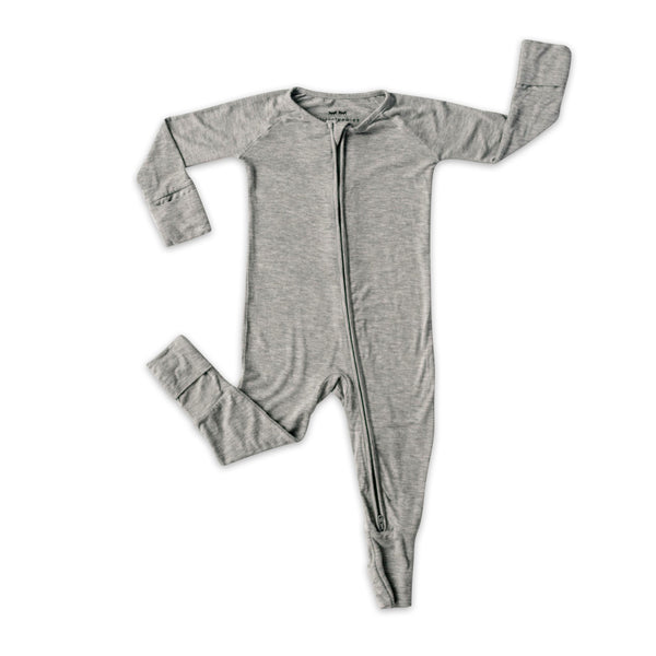 Flat lay image of zip up romper in heather gray. 