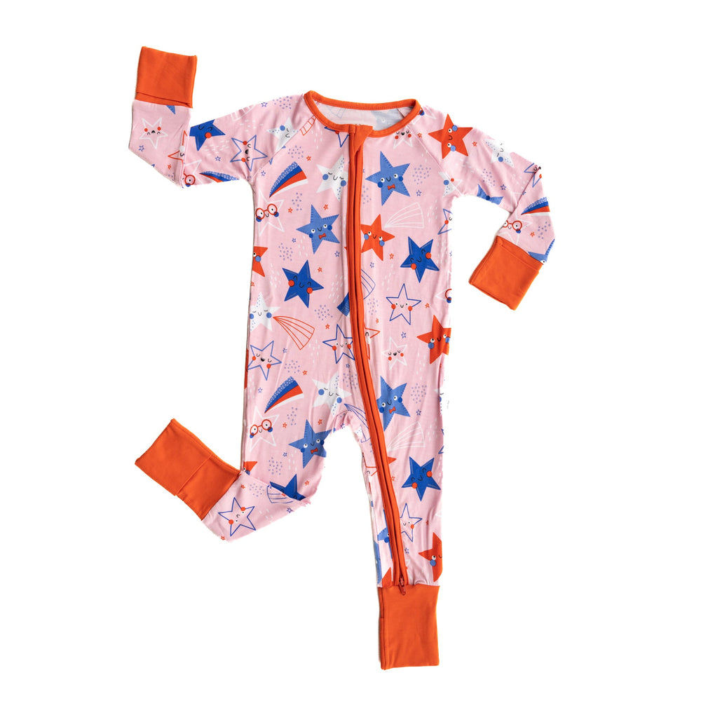 Flat lay image of a Pink Stars and Stripes printed zippy