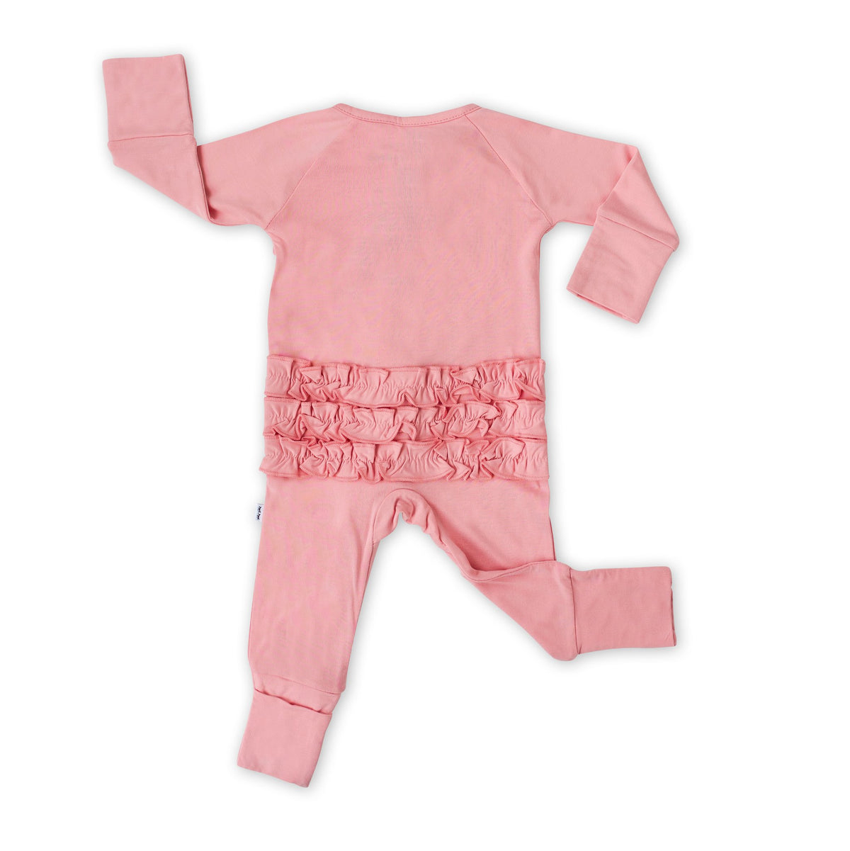 Flat lay image of bubblegum pink ruffle zip up romper. Ruffle is shown along the bum.